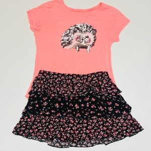 Justice peach hedgehog shirt with floral skirt